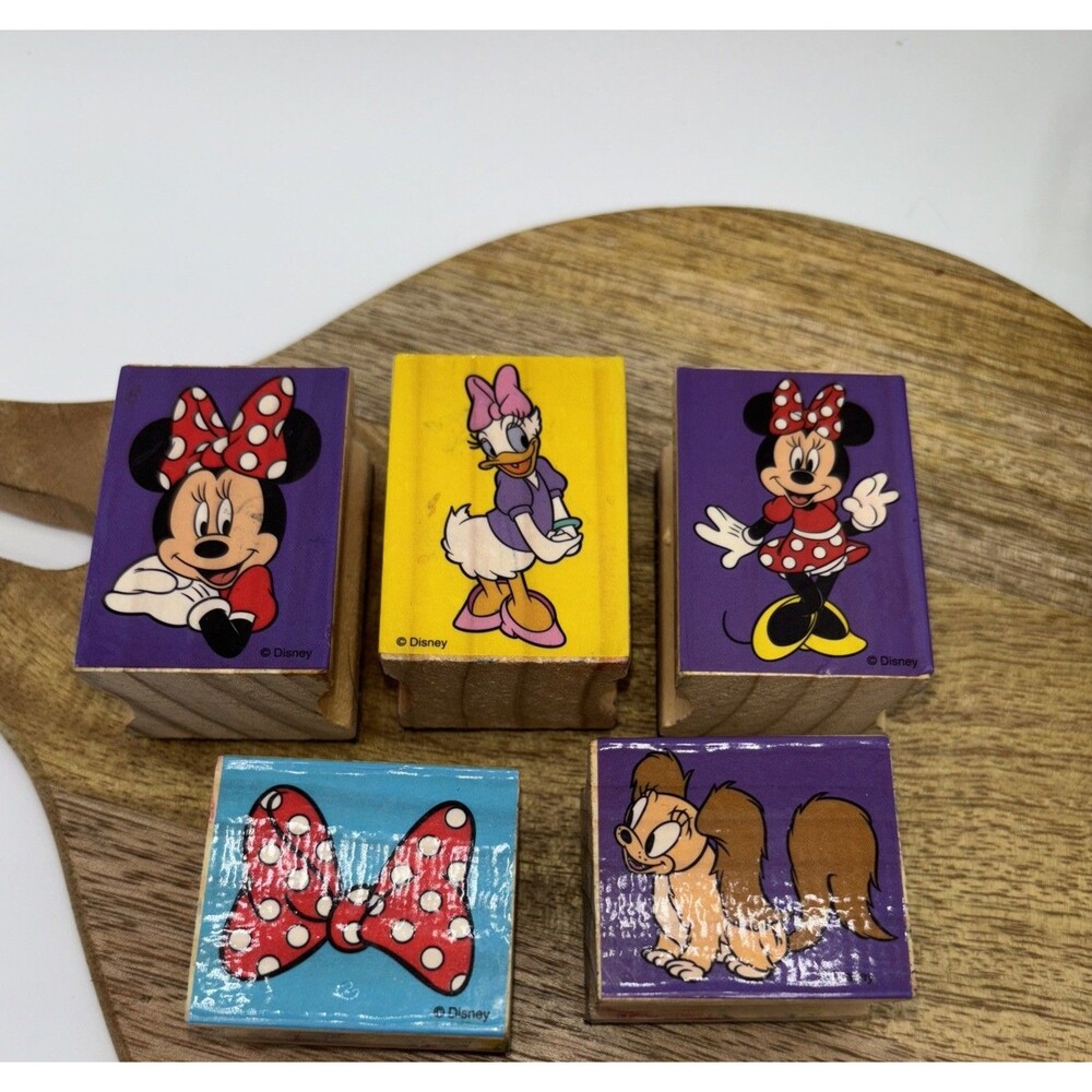 Lot of 5 Disney Wooden Rubber Stamp Set -Minnie-Daisy-Bow-Dog-Preowned